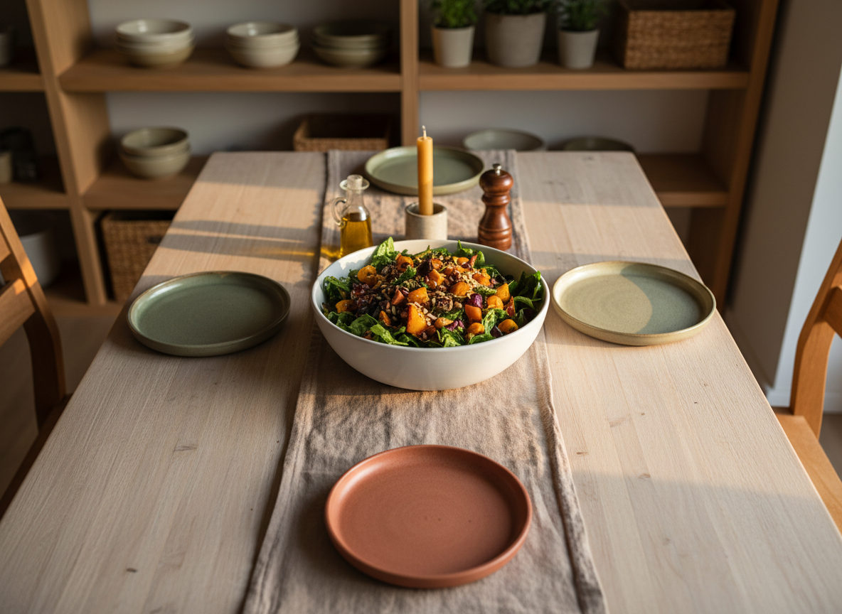 A dining table set for a simple family-style meal, featuring a solid, light-ash wooden table with visible grain, slightly worn at the edges. At the center sits a large, matte white ceramic bowl filled with a hearty seasonal salad of leafy greens and roasted vegetables, surrounded by mismatched but harmonious stoneware plates in earthy tones. A linen table runner in soft taupe runs the length of the table, slightly rumpled, with a small glass bottle of olive oil, a wooden pepper mill, and a single beeswax taper candle in a ceramic holder as understated decor. The background shows built-in shelves with neatly stacked bowls and woven baskets, softly out of focus. Golden hour light streams in from the side, casting warm highlights and long, soft shadows across the tabletop. Photographic realism, slightly overhead angle, balanced composition. The mood is warm, communal, and grounded in real-life, slow family dining.